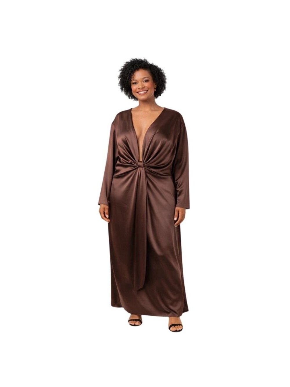 Satin Twist-Front Maxi Dress in Chocolate Brown